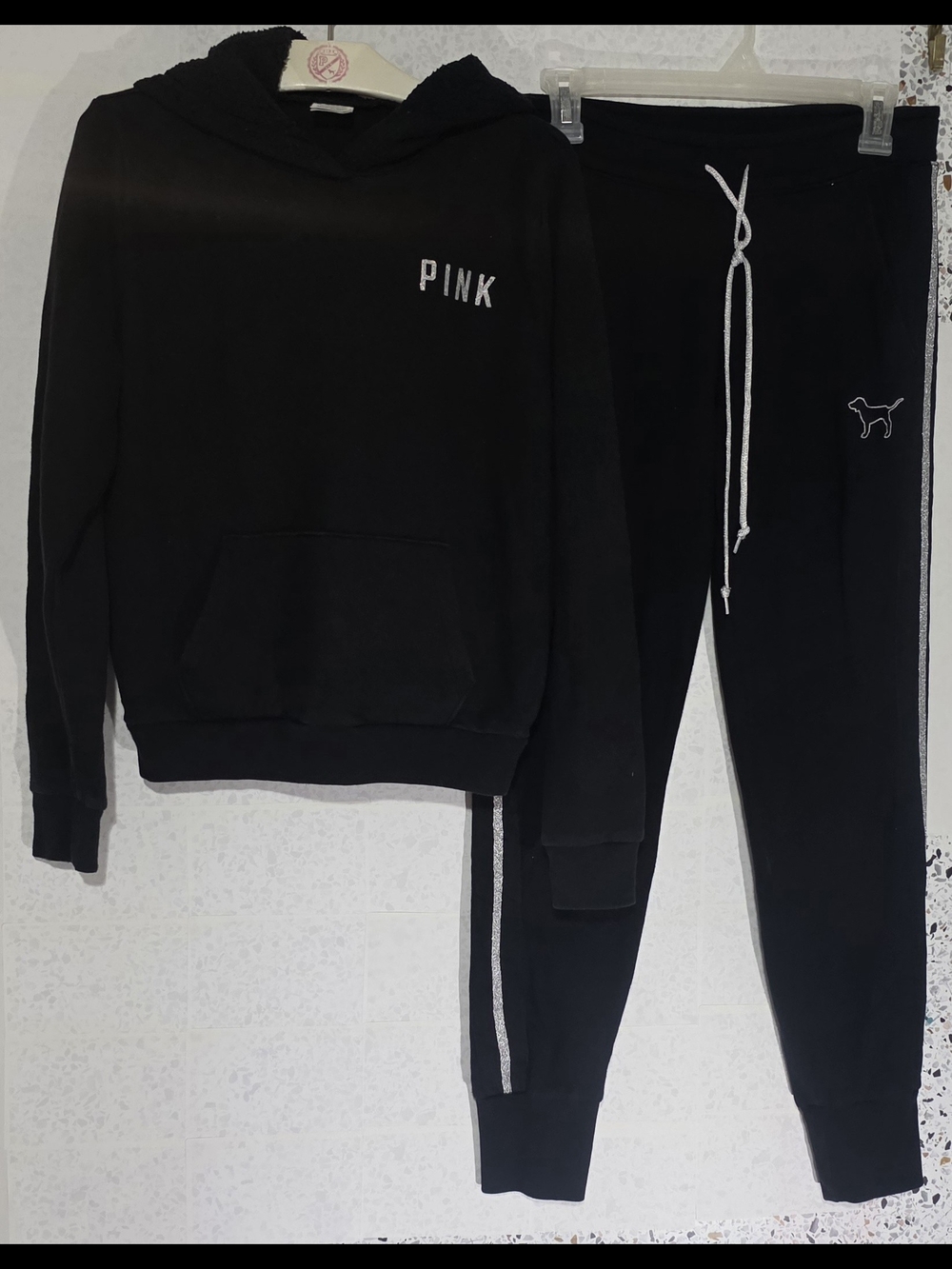 PINK Victoria's Secret Black Hooded Sweatshirt & Jogger Set with White Trim